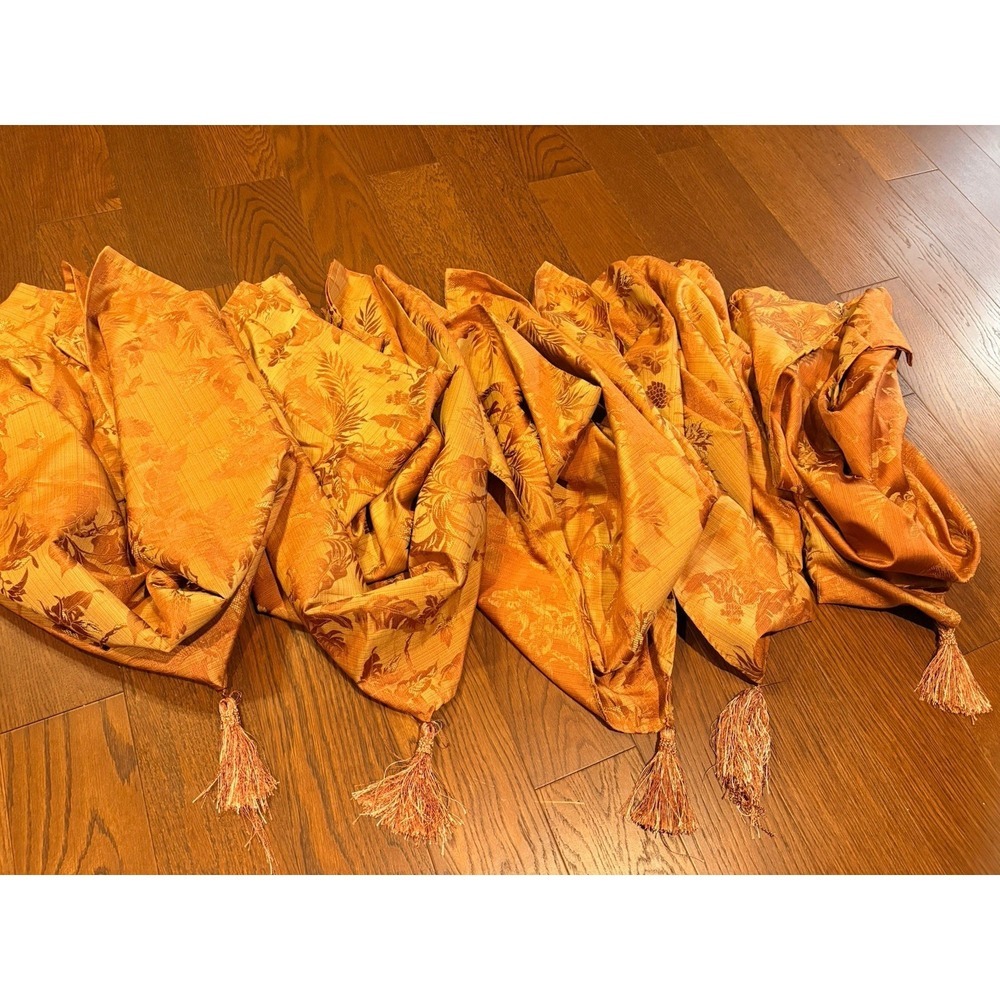 JC Penny Tropical Jacquard Waterfall Valance Orange Gold Tassel Set Of 5
